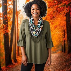 Catherines Scarf Tunic 2X Top Plus Size Fringe 3/4 Bell Sleeves‎ Stretch Flowy